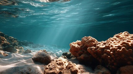 Underwater Scene with Sunlight, Coral and Rocky Seabed in a Clear Ocean Environment