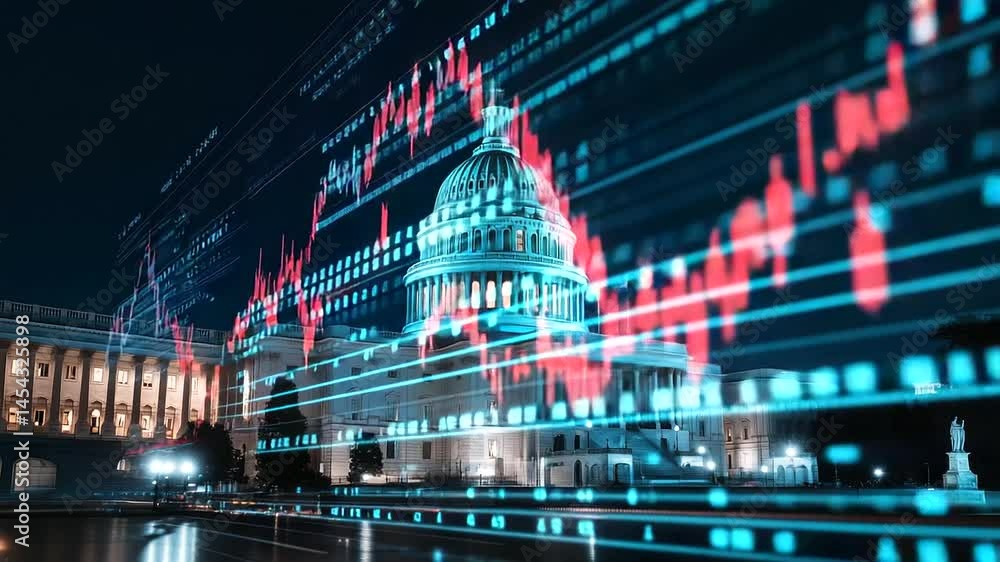 Poster a nighttime view of the capitol illuminated by financial data projections, showing both red and gree