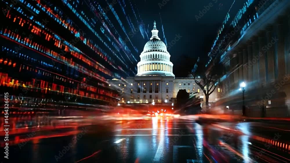 Poster a nighttime view of the capitol illuminated by financial data projections, showing both red and gree