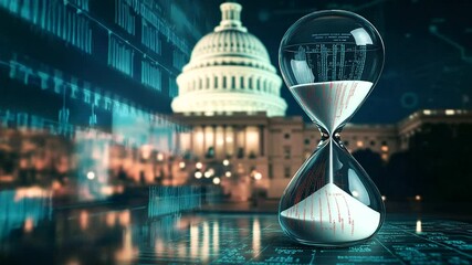 The U.S. Capitol with a giant hourglass in front of it, the sand made up of financial graphs, running out as the deadline for debt ceiling negotiations approaches.