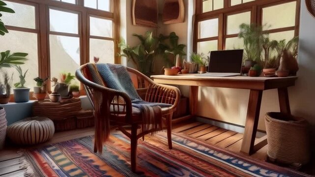 Boho-Arbeitszimmer mit Teppich und Sprossenfenster