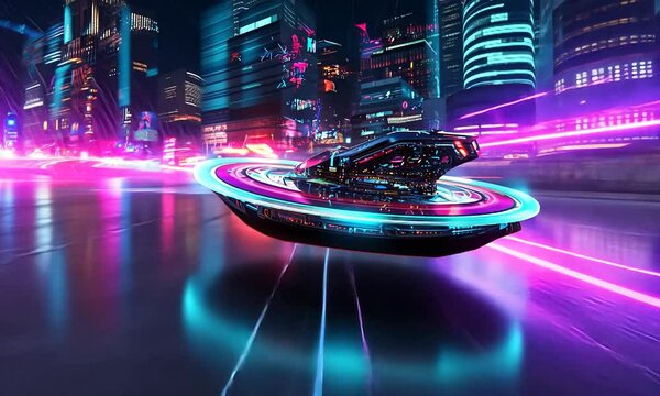 Futuristic hovercraft gliding through a neon-lit cityscape at night, showcasing vibrant lights