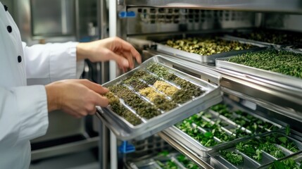 Chef handling dried herbs in industrial drying cabinet