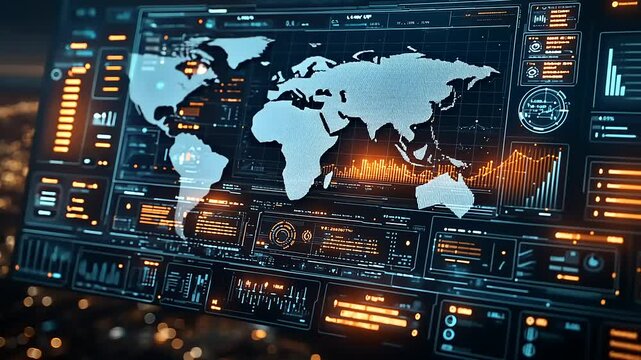 Futuristic global data dashboard with world map, charts, and metrics