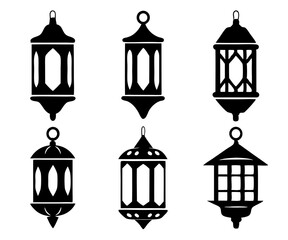 Minimal Black Hanging Lanterns Vector Outline Collection, isolated transparent background

