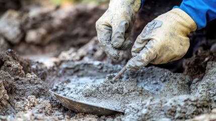 Inspector examining cement mix with hand trowel, precise detail, safety gloves