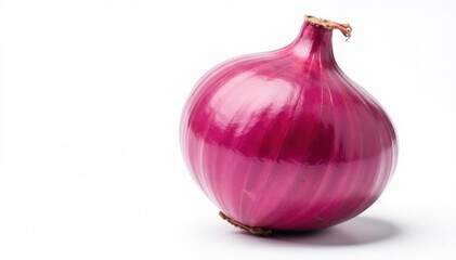 Single red onion, vibrant color, clean white backdrop, natural food, sharp, culinary
