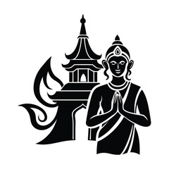 Silhouette of Hindu devotee praying near temple with Om symbol in spiritual vector art