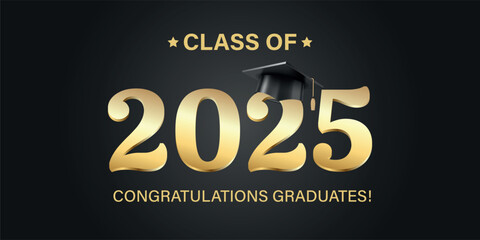 Vector illustration. Class of 2025 badge design template in black and gold colors. Congratulations graduates 2025 banner sticker card with academic hat for high school or college graduation