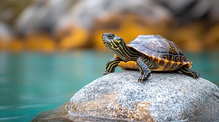 Turtle on rock by water