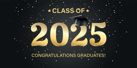 Vector illustration. Class of 2025 badge design template in black and gold colors. Congratulations graduates 2025 banner sticker card with academic hat for high school or college graduation