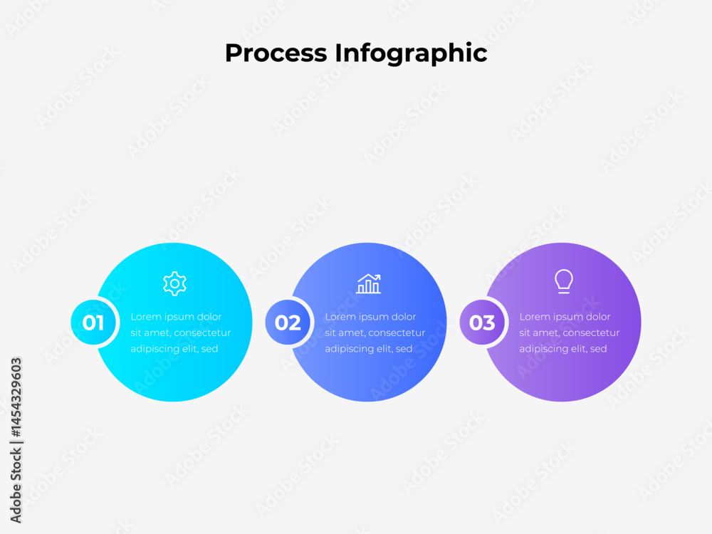 Poster Modern three step infographic with gradient circles and icons, ideal for visualizing business processes, workflow, or planning stages