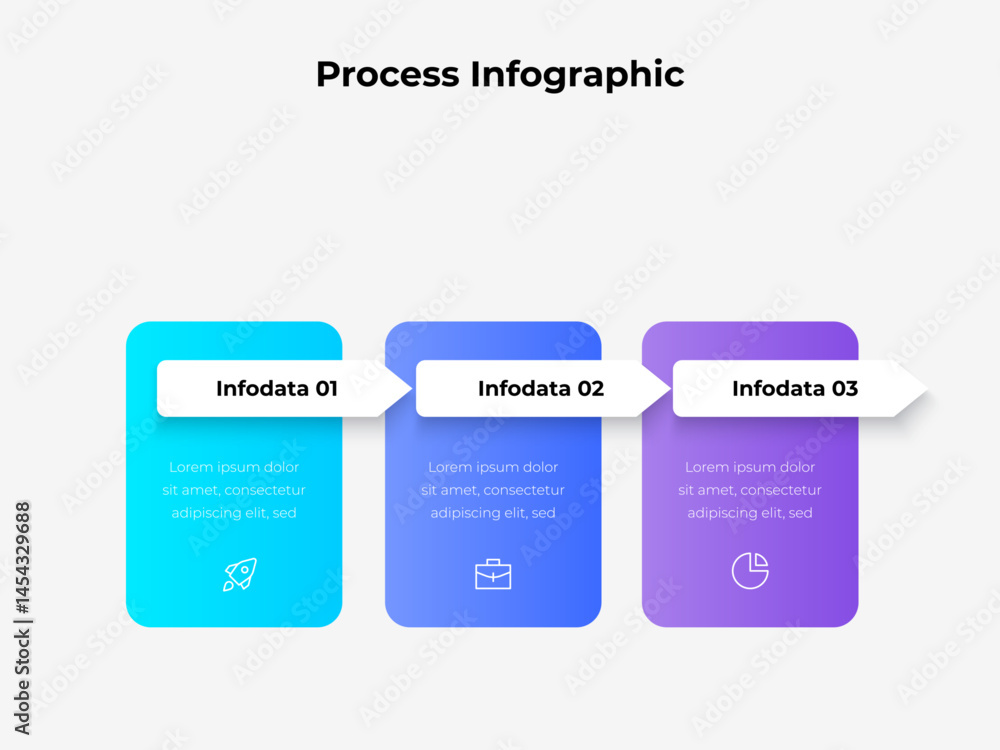 Poster A visually appealing infographic outlining a three step process with stylish gradient backgrounds, arrows, and vector icons, perfect for business, workflow presentations, and data visualization