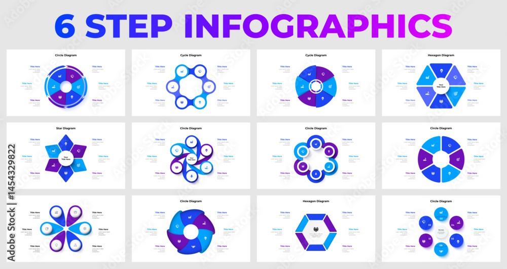 Aufkleber Set of 6 step infographic templates in various shapes, including circles and hexagons. Elegant blue and purple themes suitable for presentations, business data, and workflow illustrations