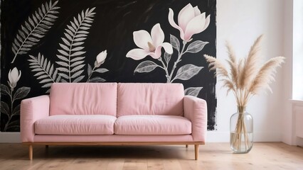 "Botanical Sketch Living Room: Blush Pink Linen Sofa with Matte Black Fern Wall Art & Pale Oak Floors" ai generate,