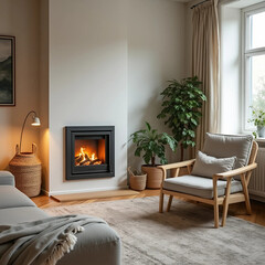 Scandinavian Interior with Fireplace and Warm Tones, Generate AI