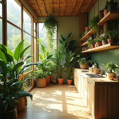 Eco-Friendly Apartment with Green Plants and Wooden Elements, Generate AI