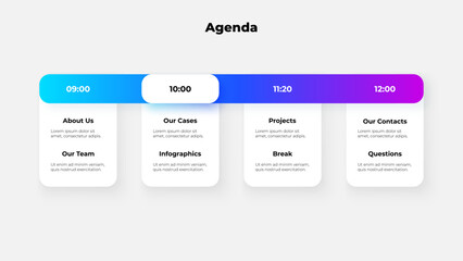 Illustration of a vibrant agenda with a timeline overview of events including time and descriptions. Professional and modern design suitable for meetings, conferences, and schedule presentations