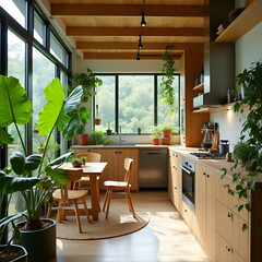 Eco-Friendly Apartment with Green Plants and Wooden Elements, Generate AI