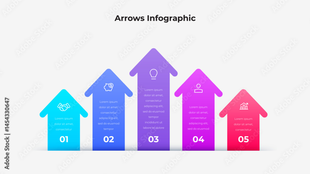 Fototapete Infographic with colorful upward arrows displaying icons and text, illustrating various aspects of business concepts, workflow, and achievements in a visually appealing and organized layout