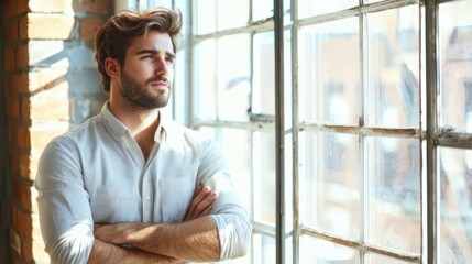 Male office worker on phone call, standing by window, bright daylight