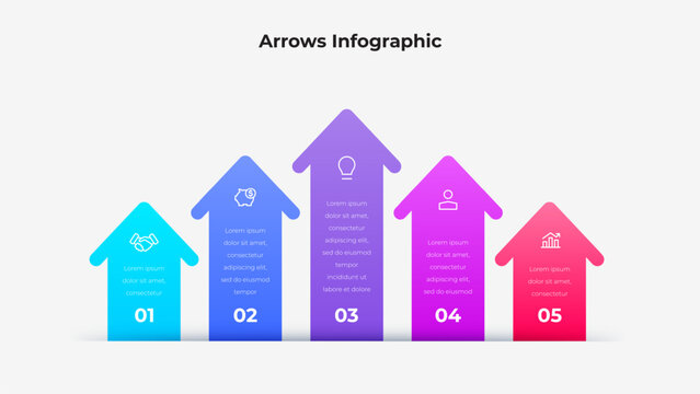 Infographic with colorful upward arrows displaying icons and text, illustrating various aspects of business concepts, workflow, and achievements in a visually appealing and organized layout