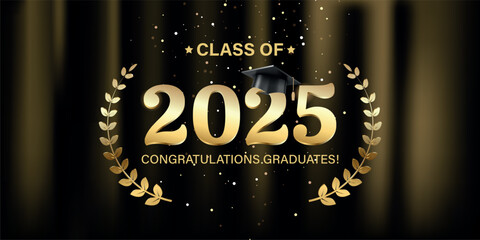 Vector illustration. Class of 2025 badge design template in black and gold colors. Congratulations graduates 2025 banner sticker card with academic hat for high school or college graduation