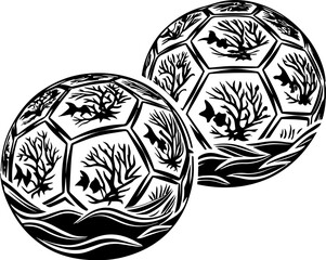 Obraz premium SVG vector illustrating reef rehabilitation and marine ecosystem restoration. Artistic Black and White Illustration of Coral Reef and Fish Balls