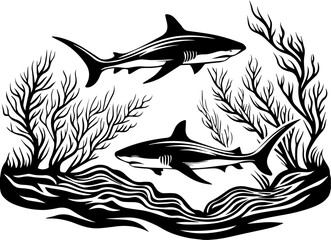 SVG vector illustrating reef rehabilitation and marine ecosystem restoration. Black and White Illustration of Sharks Swimming Among Seaweeds