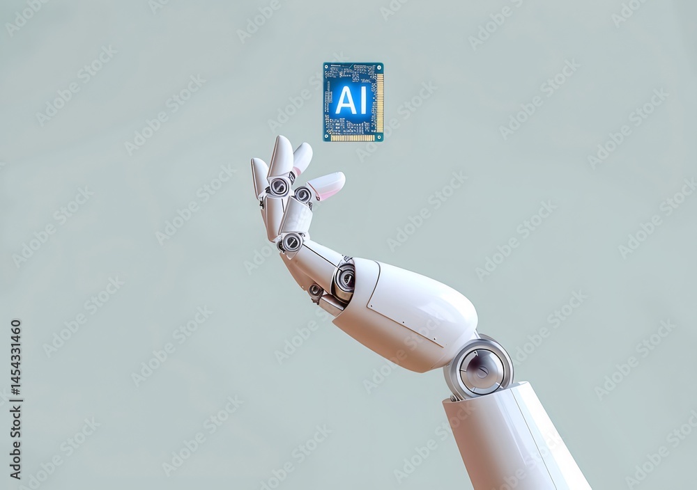 Aufkleber 白いロボットの手がaiチップを持ち 水色の背景に浮かぶ 未来の技術革新とデジタルインテリジェンス