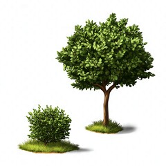 3D illustration of a small tree and bush isolated