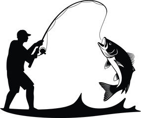 Man Fishing Catching Big Fish Silhouette Vector Art