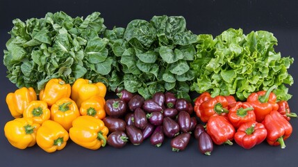 Freshly harvested colorful vegetables arranged beautifully on a black background for display at a local market