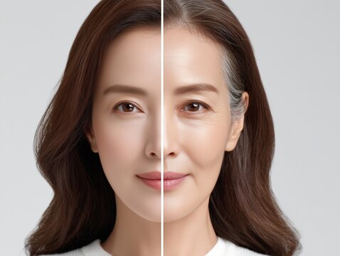 Before and after aging skincare concept portrait, Side-by-side comparison of a middle-aged woman with youthful skin and visible aging, illustrating skincare or age progression effects. Generative by A