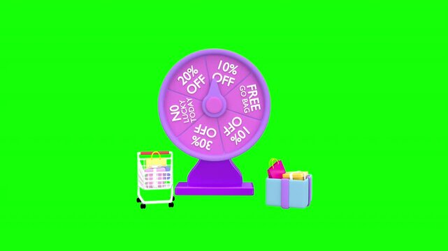 3d animation colorful shopping wheel with discounts, prizes, and offers, accompanied by gift bags and a shopping cart, showcasing a gamified shopping promotion concept with Alpha Channel