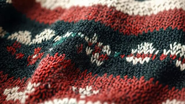 Close-up of a beautifully knitted fabric showcasing intricate patterns in festive colors