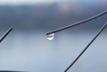 macro photo of a water droplet sliding down wire from a woven fence, sharp detail, wet texture,...