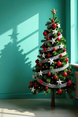 Festive Christmas tree adorned with red ornaments and silver stars, standing against a teal wall, bathed in sunlight.