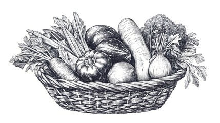 Detailed line drawing of a basket full of various vegetables.