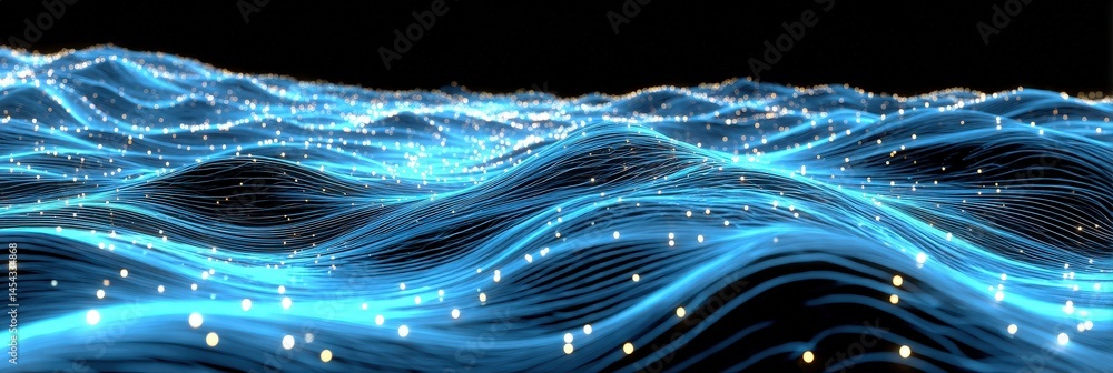 Poster abstract digital waves of glowing blue lines and dots flow across a dark background, creating a futu