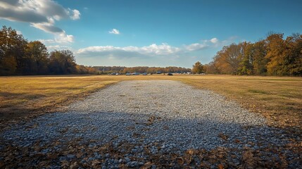 A wide gravel path leading to a field with trees under a sunny autumn sky.