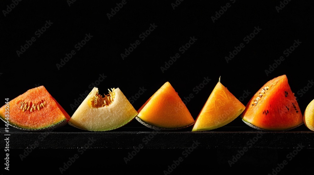 Poster colorful melons arranged in a row showcasing different varieties and colors for a vibrant fruit disp