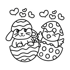 Easter Eggs Bunny and Chick,Bold and Easy, Easter Coloring Page, Line Art Drawing, Easter-themed, Holiday Coloring Fun, Easter Egg in Bunny and Chick Coloring, Coloring Illustration stock illustration