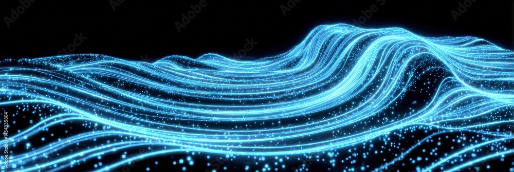 Poster glowing blue digital lines and particles form a wave-like pattern on a black background, resembling 