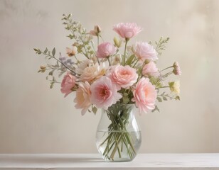 Fototapeta premium Delicate pastel watercolor blooms in a glass vase Soft hues, artistic brushstrokes , leaves, romantic, picture