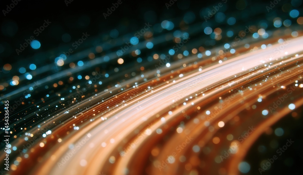 Poster abstract glowing light trails and sparkling dots create a dynamic, futuristic visual effect in a dar