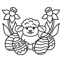 Printable Easter lamb and Easter Egg with Flowers, Line Art Drawing, Easter-themed, Holiday Coloring Fun, Coloring Illustration stock illustration, 