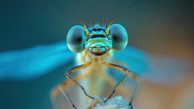 Close-up macro dragonfly face, vibrant colors, blurred background, detailed view