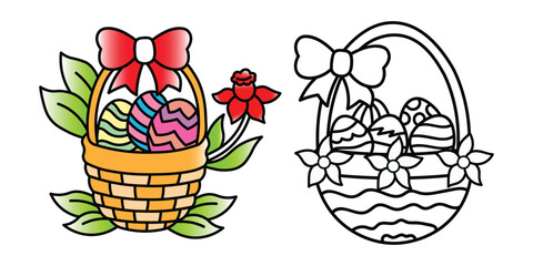 Bold and Easy, Easter Coloring Page, Line Art Drawing, Decorative Egg Basket, Easter-themed, Holiday Coloring Fun, Easter Egg in Basket Coloring, Easter Coloring Illustration stock illustration,
