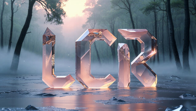 Lcr letters crafted from crystal standing in a misty forest landscape with beautiful lighting
